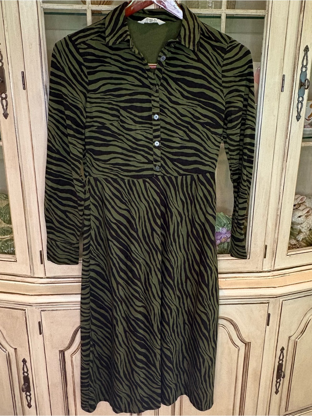 Boden Olive and Black Zebra-Stripe Long Sleeve Shirt Dress